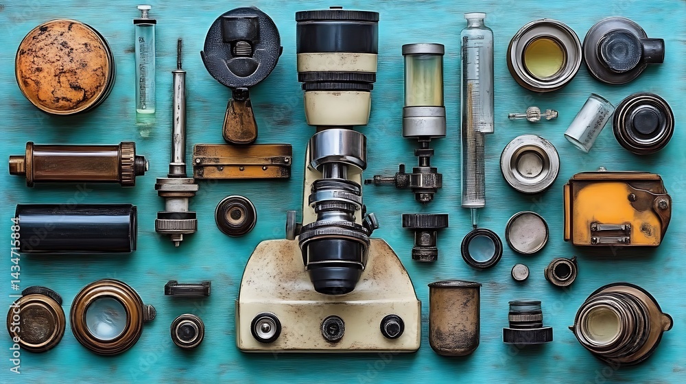 Antique Scientific Instruments Arranged on Teal Background Antique Scientific Instruments Arranged on Teal Background