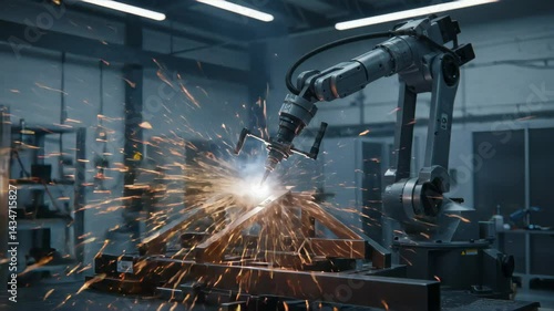 Industrial Robot Welding Metal Structure in Factory