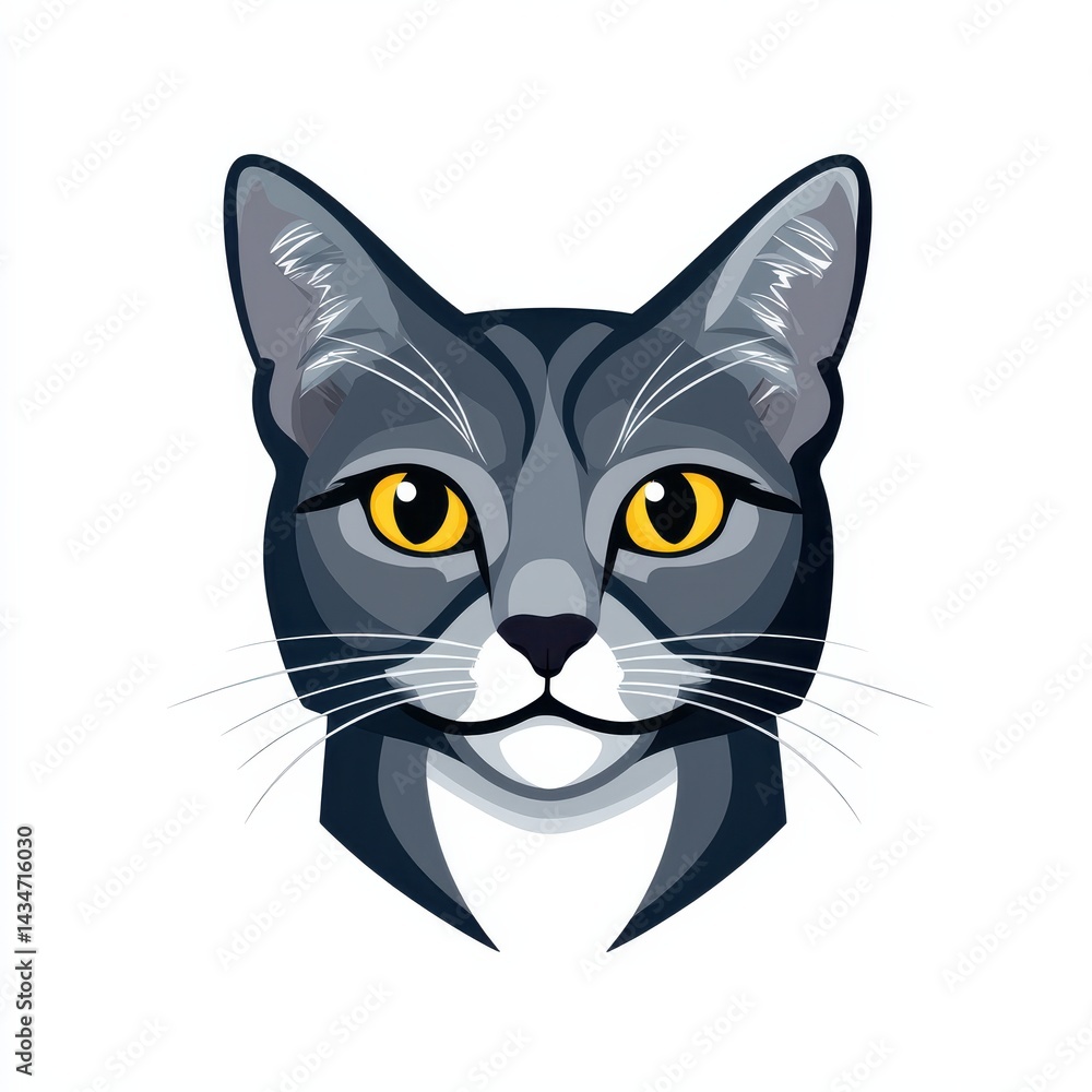 Detailed illustration of a gray cat with yellow eyes and black pupils Detailed illustration of a gray cat with yellow eyes and black pupils