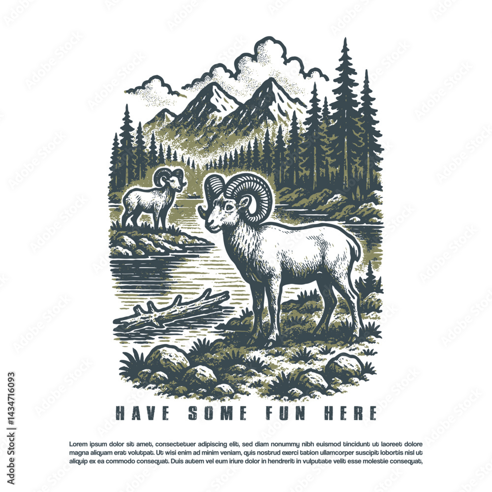 Fototapeta premium Vintage two wild goat in the forest vector illustration