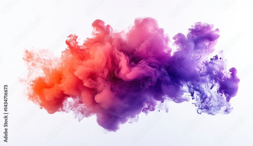 Naklejka premium Vibrant Orange and Purple Powder Smoke Explosion on White Background Artistic Colorful Smoke Plume Motion Effect Paint Dust Cloud Background
