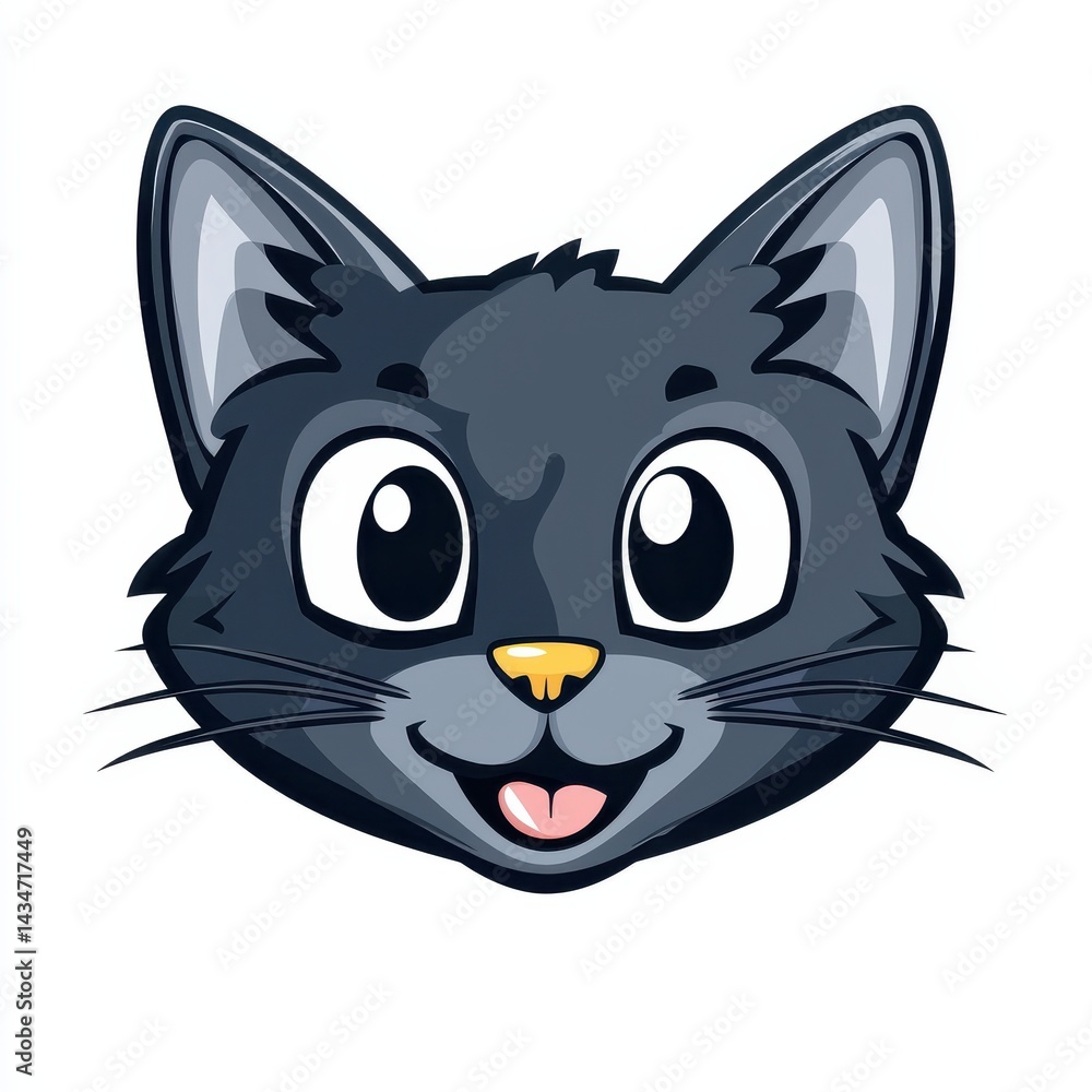 Obraz premium Cartoon illustration of a playful gray cat with large white eyes and a bright yellow nose