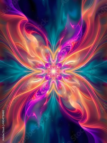 Beautiful Digital Symmetric Fractal cosmic energy vibrant flowing lines and soothing pastel colors