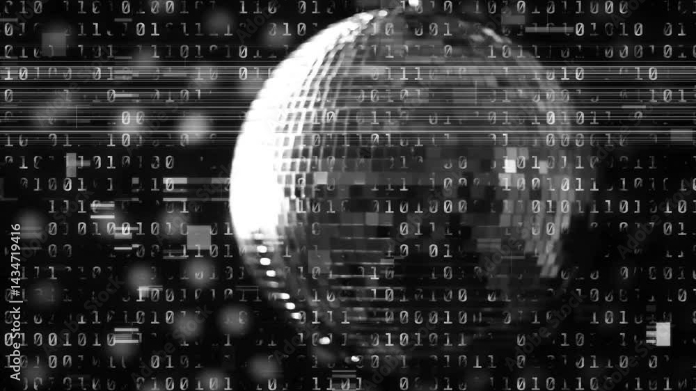 Central pixelated sphere pulsating in animated 3D render, streaming binary digits with glitch lines