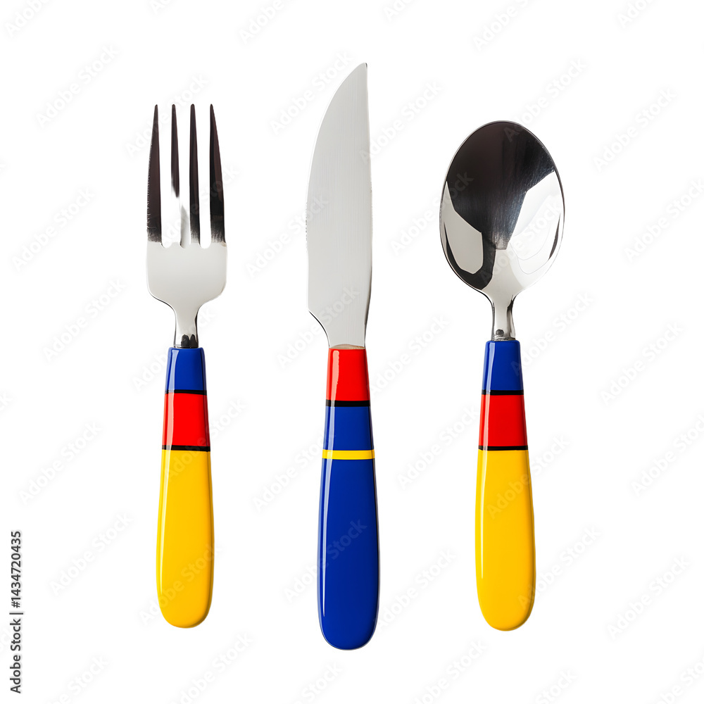 Fototapeta premium A vibrant set of cutlery featuring a fork, knife, and spoon with colorful handles, ideal for children's dining or festive meals