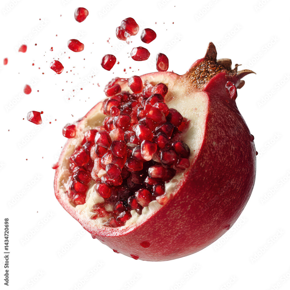 Pomegranate bursting mid-air with seeds scattering, isolated transparent background Pomegranate bursting mid-air with seeds scattering, isolated transparent background