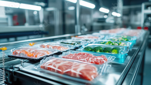 Industrial packaging line with vacuum-sealed meat and vegetables in a modern factory setting
