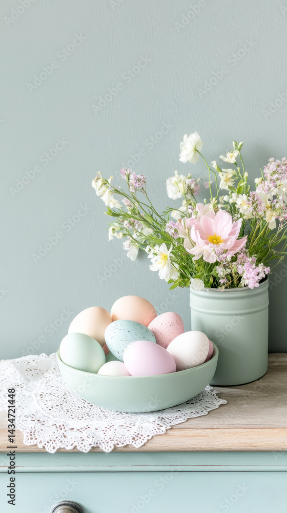 Springtime decor with pastel eggs and fresh flowers on lace doily for easter celebration Springtime decor with pastel eggs and fresh flowers on lace doily for easter celebration