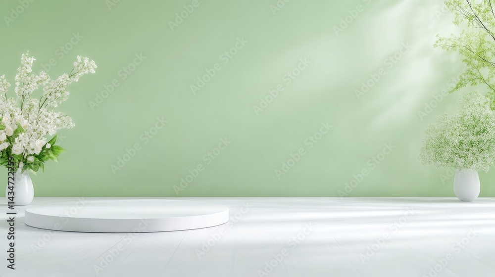 A white round platform on a pristine white surface against a soft green wall, flanked by two vases of delicate white flowers, and minimalist interior design concept. A white round platform on a pristine white surface against a soft green wall, flanked by two vases of delicate white flowers, and minimalist interior design concept.
