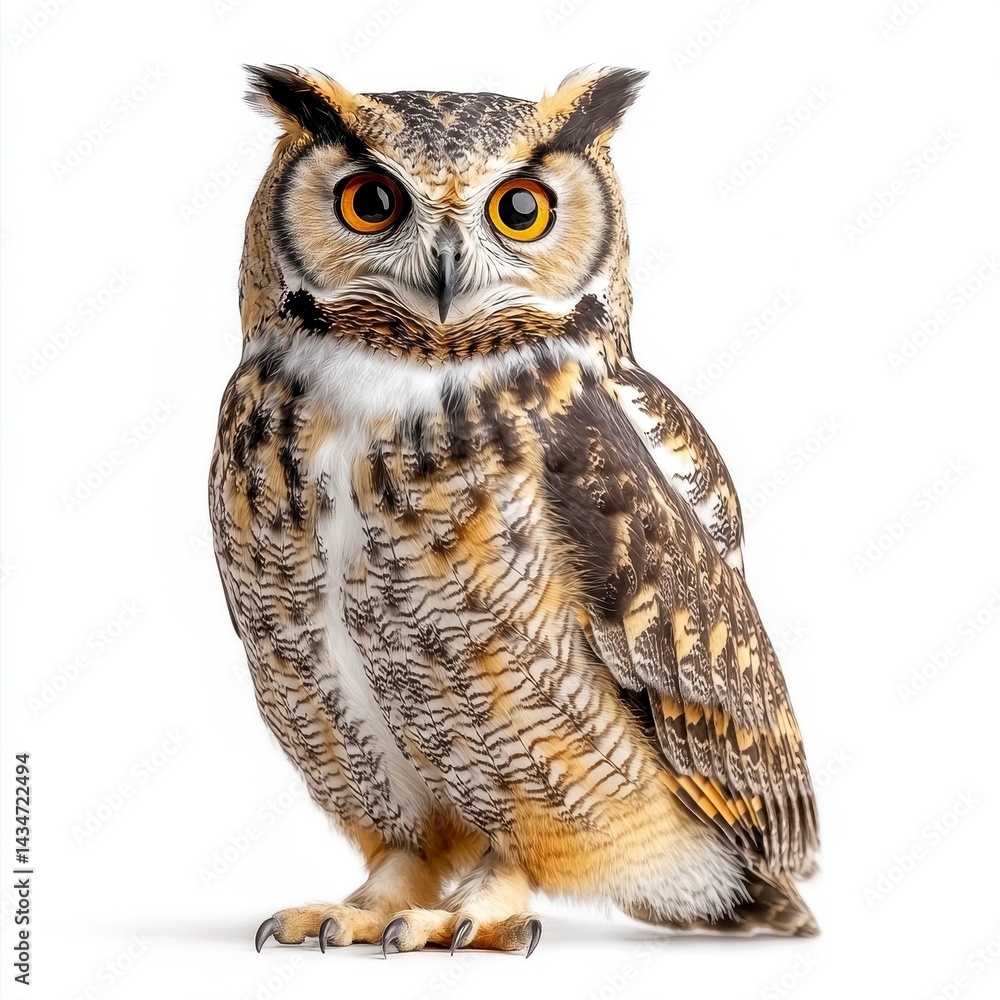 Fototapeta premium Detailed Portrait of a Great Horned Owl with Brown Plumage and Yellow Eyes on White Background