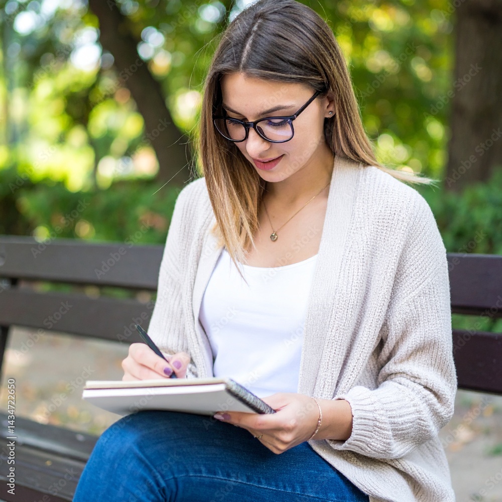 Obraz premium 公園のベンチでノートにスケッチを描くクリエイティブな若い女性
