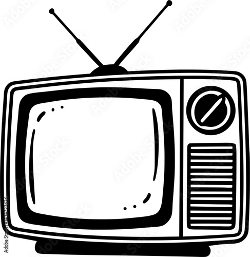 A black and white line art illustration of a retro television set with rabbit ears antenna.