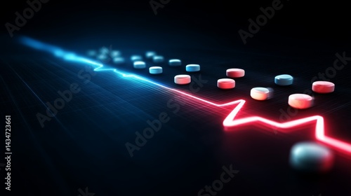 Colorful Pills and Heartbeat Line on a Dark Background