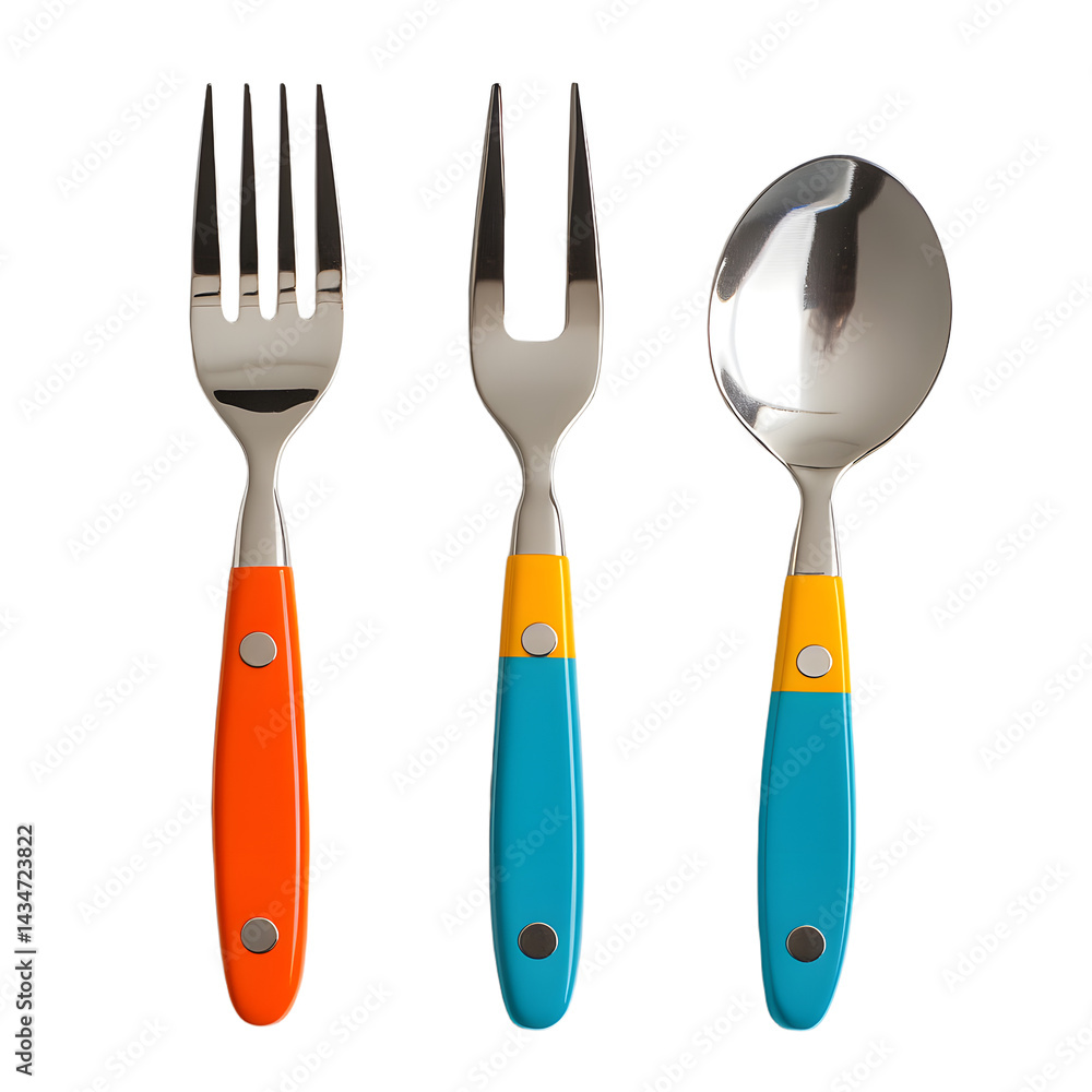 Fototapeta premium Colorful cutlery set featuring a fork, salad fork, and spoon on a plain background, ideal for dining or kitchen use