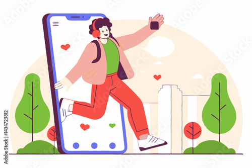 a person stepping out of a large smartphone screen into a stylized outdoor scene with trees and building outlines, suggesting a transition from the digital world to the physical world or an immersive 