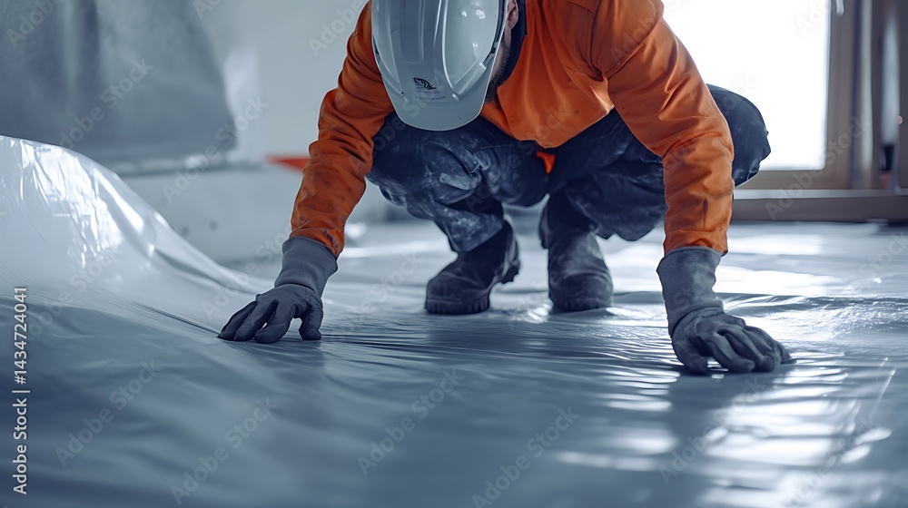 Obraz premium Construction Worker Installing Floor Protection