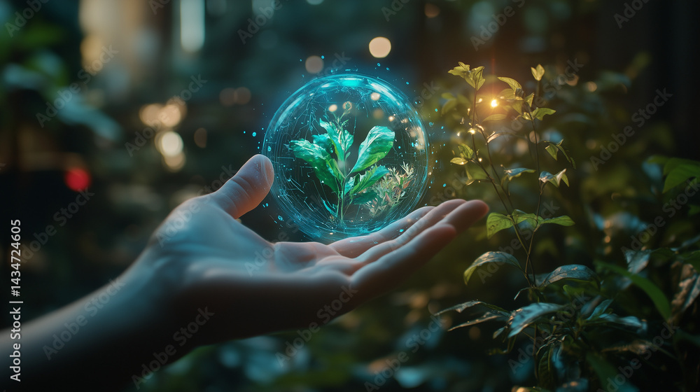 Fototapeta premium Hologram of ecosystem energy flow in hands with glowing earth sphere