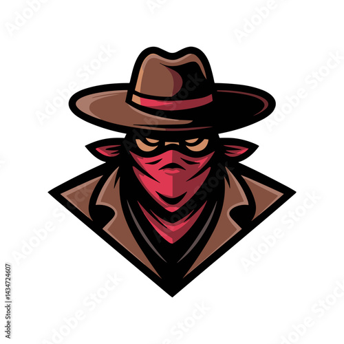Mysterious Cowboy Outlaw or Bandit Mascot Illustration with Hat and Bandana Mask