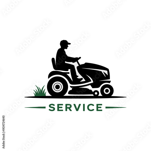 Simple Graphic Logo Icon of Person Riding a Lawn Mower for Yard Service
