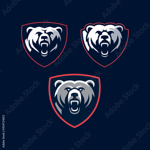 Set of Three Aggressive Grizzly or Brown Bear Head Esport Gaming Mascot Logos within Shields