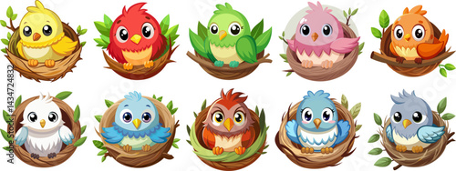 Ten colorful illustrations of adorable baby birds nestled in their twig nests, each bird displaying unique colors and expressions, surrounded by leaves.