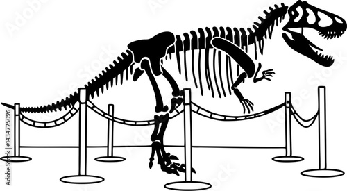 a black and white illustration of a dinosaur skeleton on display, enclosed by ropes and stanchions, likely in a museum exhibit.