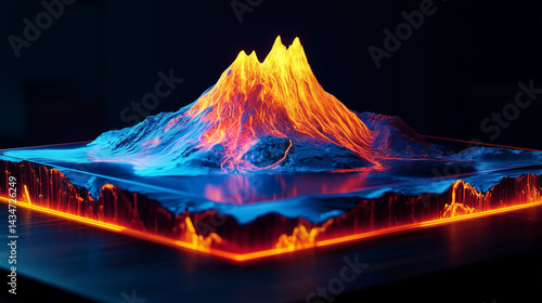 Volcanic cross-section hologram with glowing underground lava flow