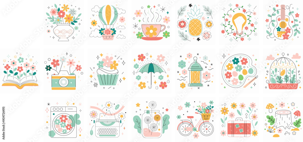 A delightful assortment of illustrations bursts with the freshness of spring and the warmth of summer. Expect charming florals and whimsical objects, all rendered in a light and airy style. A delightful assortment of illustrations bursts with the freshness of spring and the warmth of summer. Expect charming florals and whimsical objects, all rendered in a light and airy style.