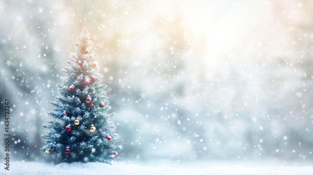Snowy Christmas Magic: Blurred Bokeh Holiday Tree Scene with Sparkling Snowflakes on a Frossted White Background Snowy Christmas Magic: Blurred Bokeh Holiday Tree Scene with Sparkling Snowflakes on a Frossted White Background