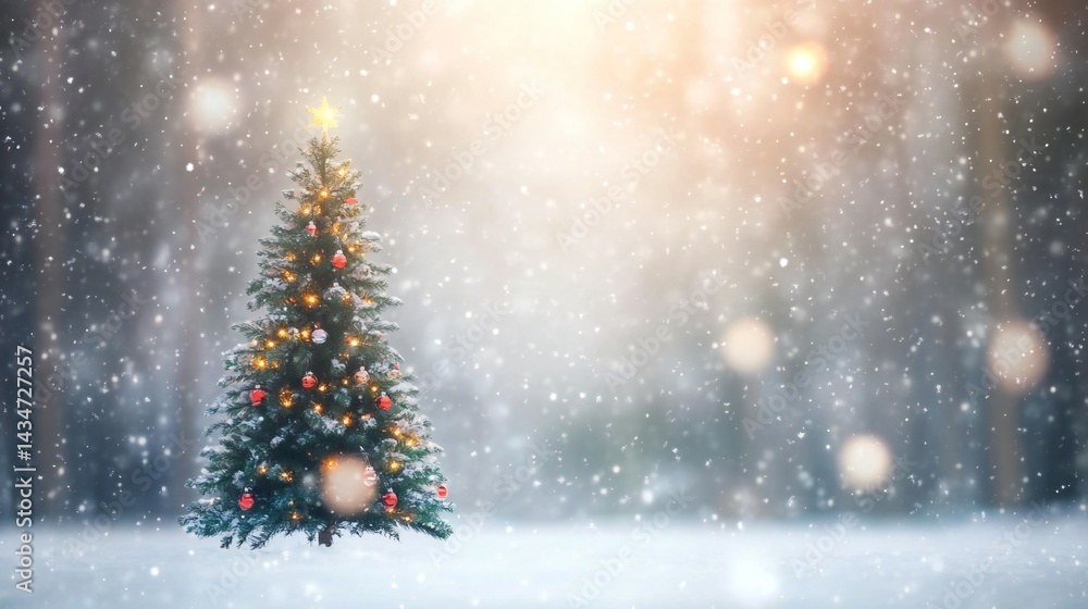 Obraz premium Festive Winter Wonderland: Blurred Bokeh Christmas Tree with Soft Focus Snowfall Background for Adorable Text Decorations or Advertising Design