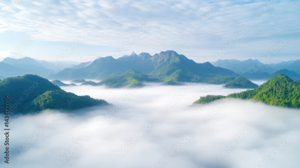 Fototapeta premium Misty mountain peaks, lush valleys, serene landscape
