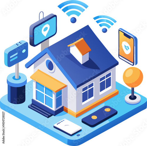 A colorful, isometric illustration depicting a smart home with various connected devices controlled wirelessly, including a security system, location tracking, smartphone interface, and smart lighting