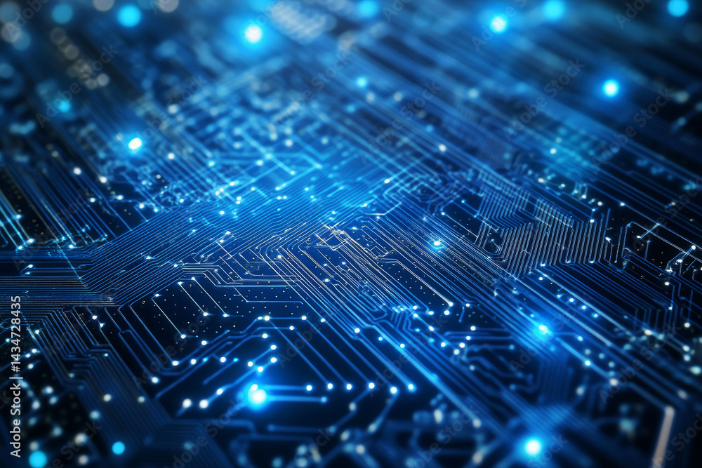 Futuristic blue circuit board with glowing electronic lines and nodes, symbolizing advanced technology, innovation, and connectivity Futuristic blue circuit board with glowing electronic lines and nodes, symbolizing advanced technology, innovation, and connectivity