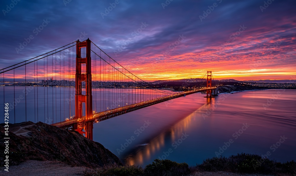 Obraz premium Golden Gate Bridge at Sunrise over San Francisco Bay. Majestic view of the bridge at dawn with vibrant colors