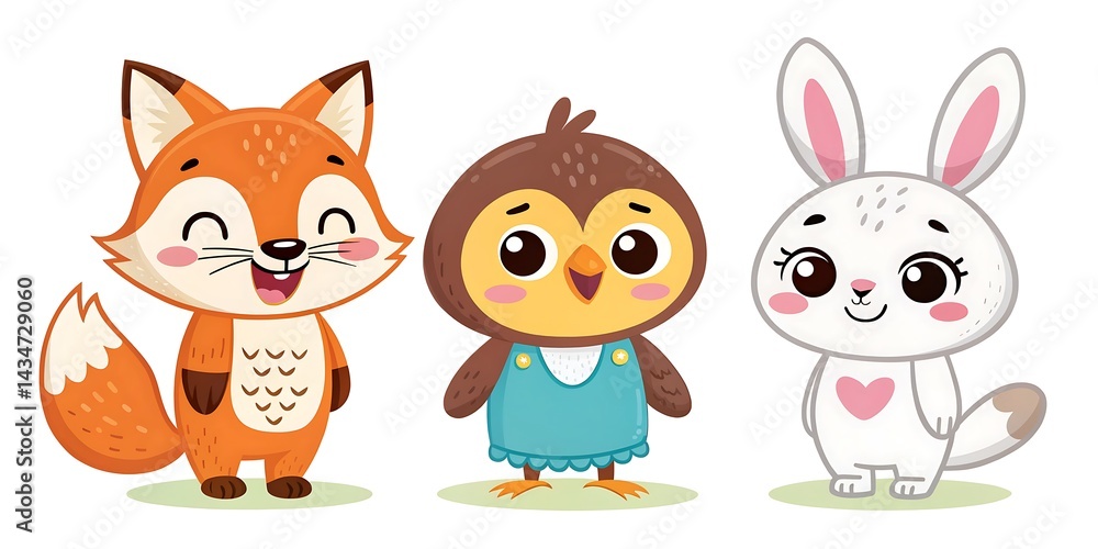 Naklejka premium Adorable Cartoon Fox Owl Bunny Animals Illustration