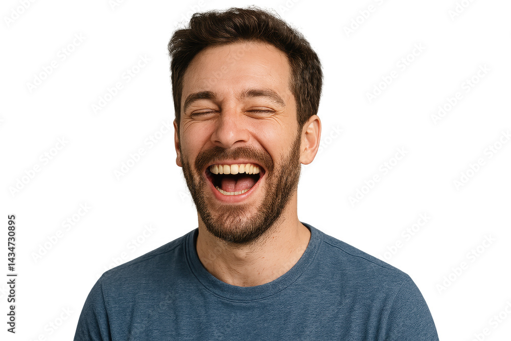 Joyful young man laughing with closed eyes in casual blue t-shirt against white background. Isolated illustration Joyful young man laughing with closed eyes in casual blue t-shirt against white background. Isolated illustration