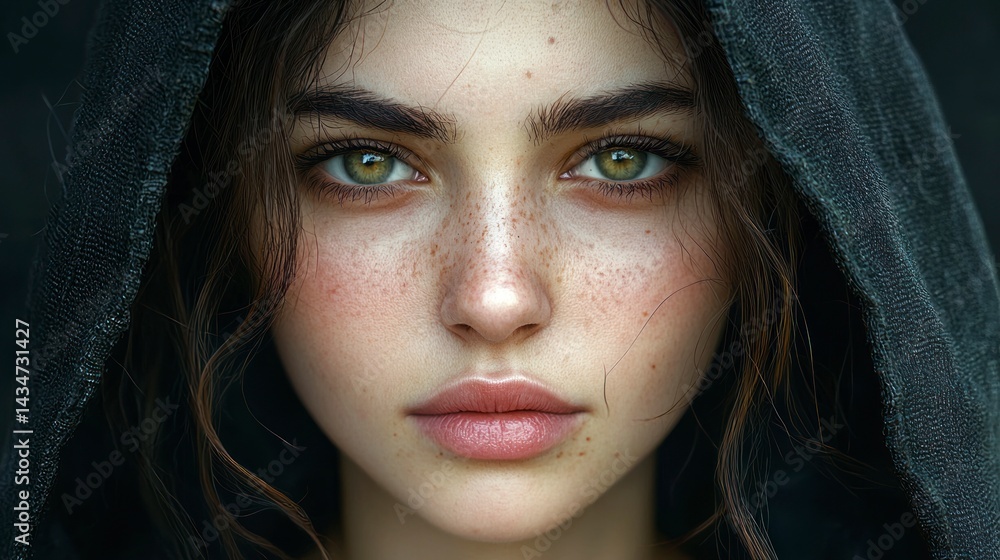 Captivating Portrait of a Young Woman in a Dark Hood, Showcasing Striking Eyes and Natural Beauty in High-Performance Photography Captivating Portrait of a Young Woman in a Dark Hood, Showcasing Striking Eyes and Natural Beauty in High-Performance Photography