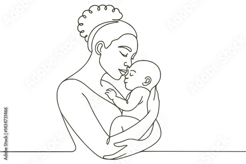 Mãe brasileira abraçando seu bebê – ilustração linear em fundo branco, maternidade, responsabilidade, design para o Dia das Mães no Brasil

