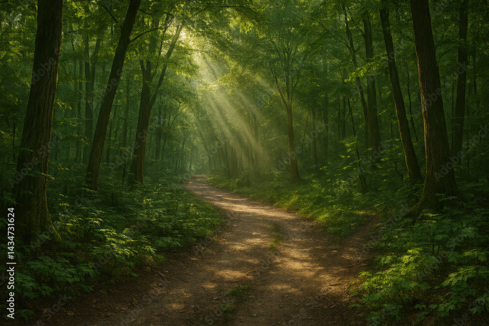 Obraz premium Sunlit forest path with lush greenery and dense trees in tranquil woodland setting. Isolated illustration