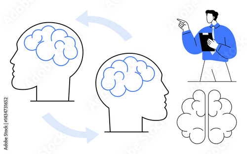 Human profiles with brains connected by arrows represent knowledge sharing as teacher explains concepts. Ideal for education, teamwork, learning, leadership, communication, mentoring, creativity