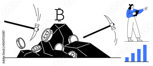 Pickaxes extracting coins from a rock symbolizing bitcoin mining, female analyst with a tablet analyzing growth chart. Ideal for blockchain, cryptocurrency, fintech, technology, data analysis