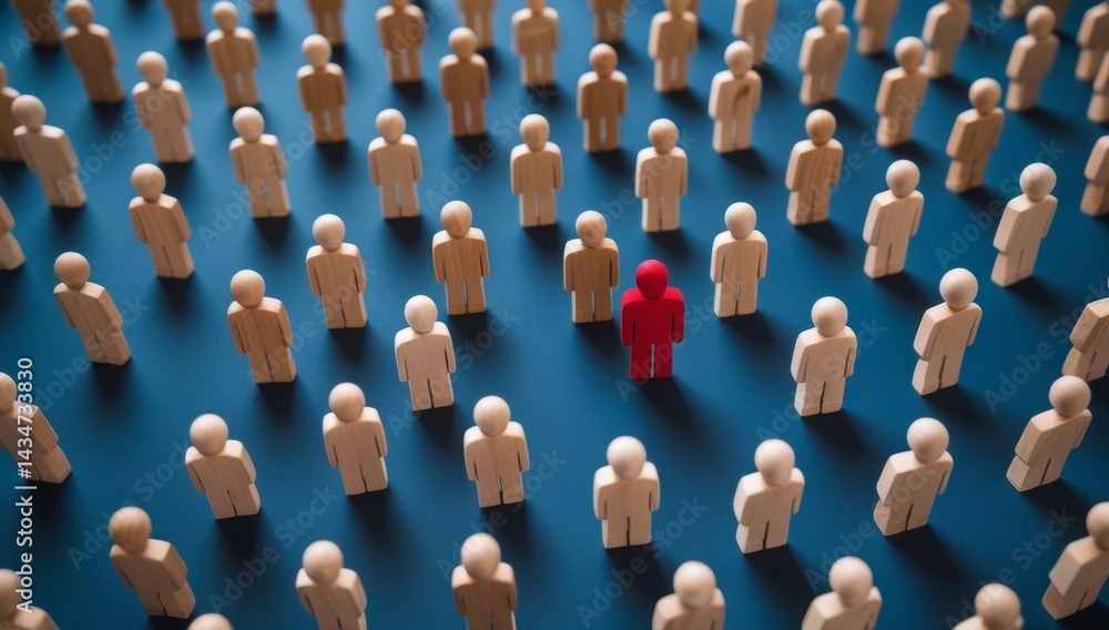 Obraz premium A crowd of many different people forms a social group, with one red person standing out as unique, a symbol of individuality in the community