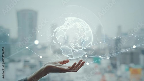 Global network concept with woman holding hands against city background