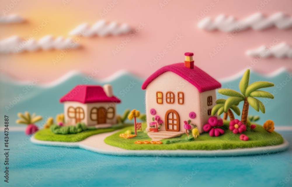 Fototapeta premium A whimsical, miniature island scene with clay-like houses, lush greenery, and a bright sky. The island is surrounded by blue water, creating a sense of tranquility and paradise.