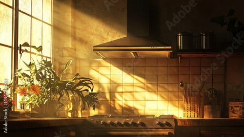 Cozy Kitchen Scene with Sunlight Streaming through Window and Fresh Green Plants in Warm Tones