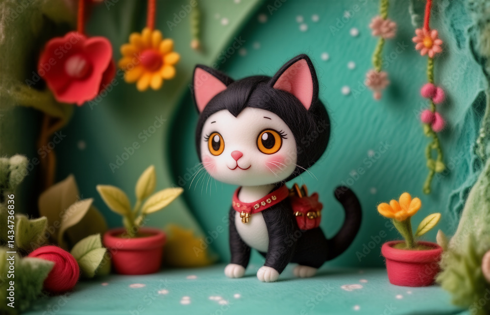 Fototapeta premium A charming feline figurine, adorned with a decorative collar and mini backpack, stands in a vibrant garden setting with blossoming flora, and small potted plants, offering a sense of whimsy.