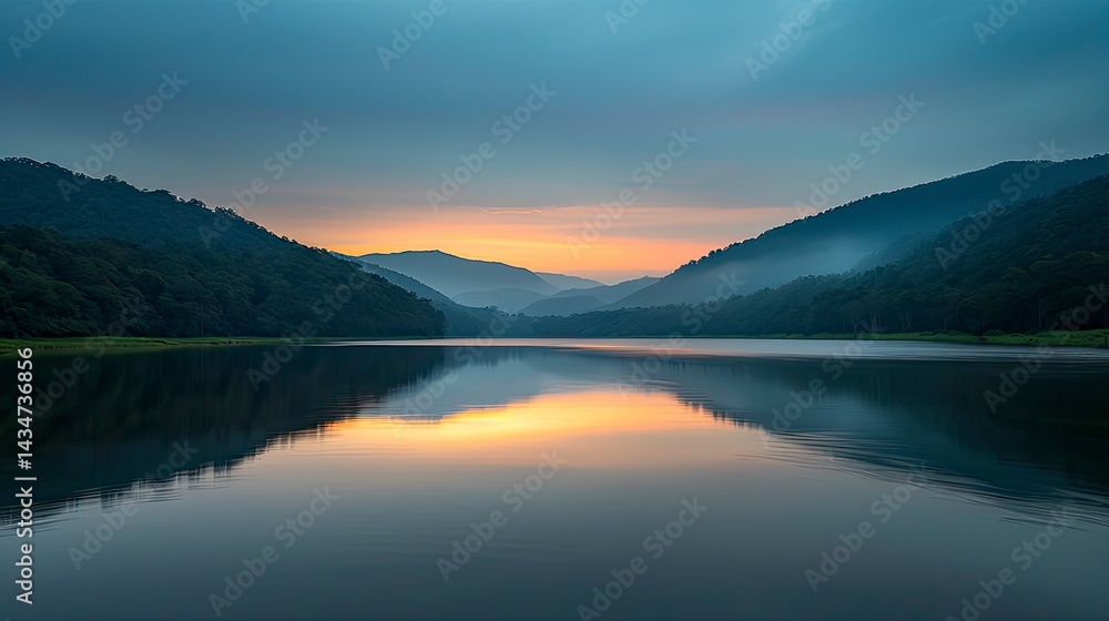 Fototapeta premium Serene lake sunrise over hills