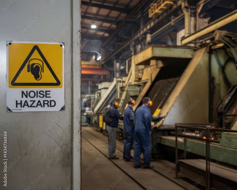 Factory workers wearing safety gear near machines with noise hazard warning sign Factory workers wearing safety gear near machines with noise hazard warning sign