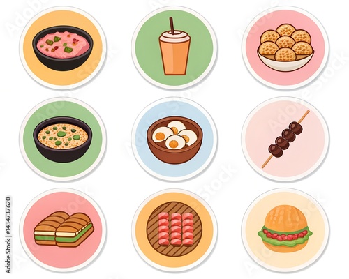 Hand-Drawn Asian Street Food Sticker Pack. Assorted Street Food Icons and Snacks