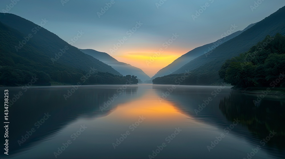 Sunrise over a tranquil lake nestled between mountains Sunrise over a tranquil lake nestled between mountains